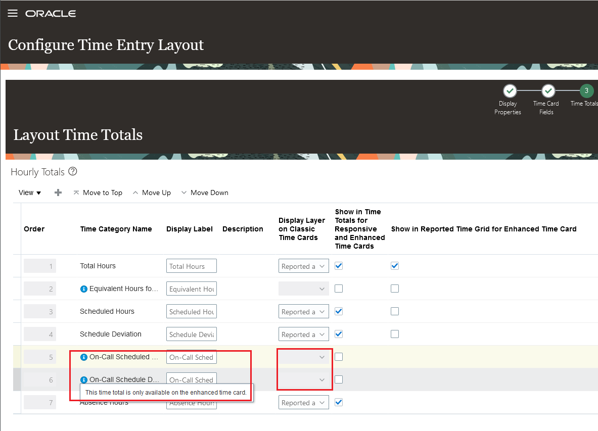 Configure Time Entry Layout Page with the On-Call Time Categories Selected to Appear on Enhanced Time Cards