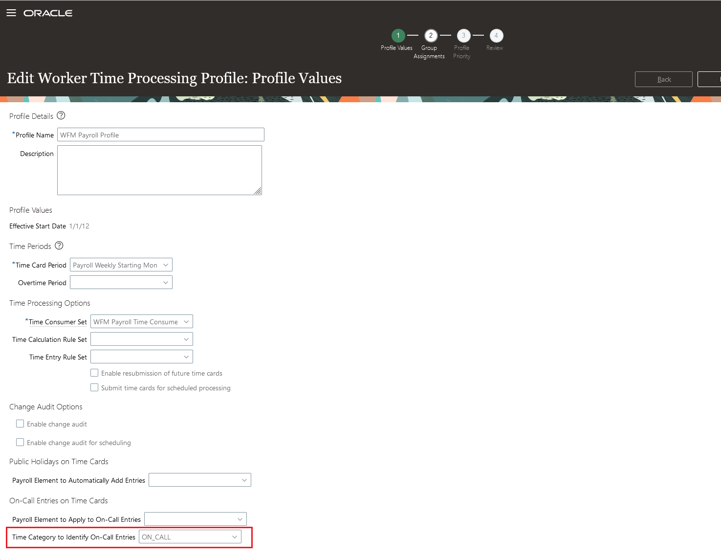 Worker Time Processing Profile with the Time Category to Identify On-Call Entries Set
