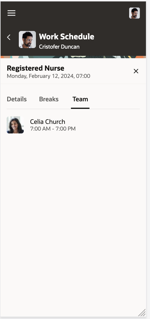Mobile Calendar with the Shift Details Panel Drawer Open for the Selected Shift and Showing the Team Tab Information