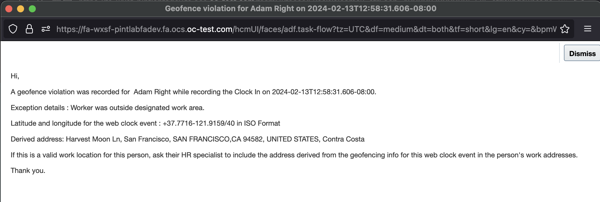 Sample FYI Manager Notification Message for a Geofence Violation