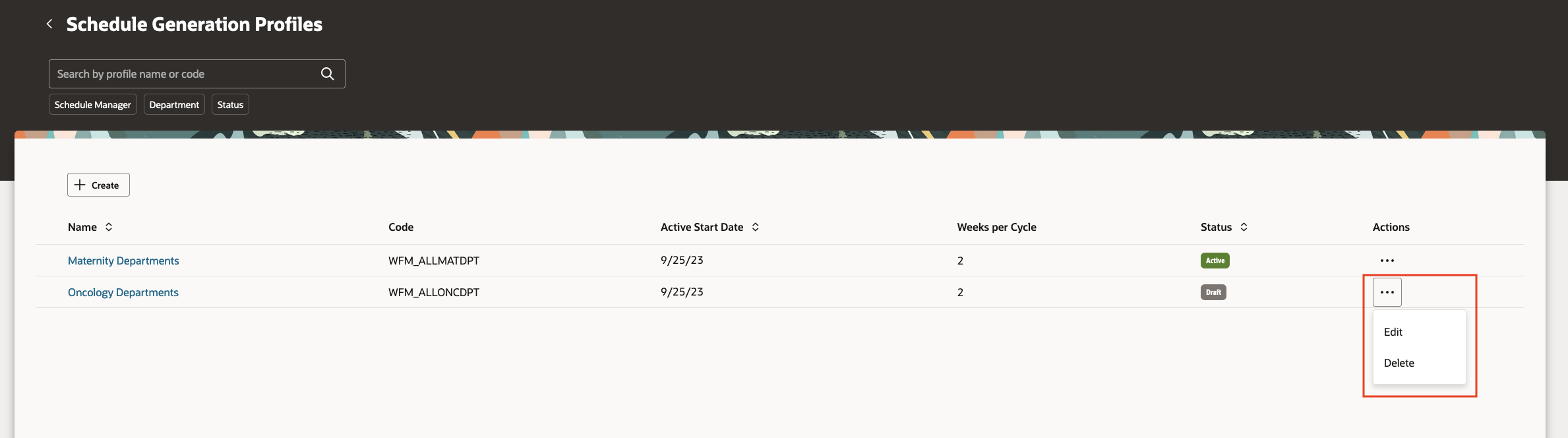 Schedule Generation Profiles Page Showing the Possible Row-Level Actions