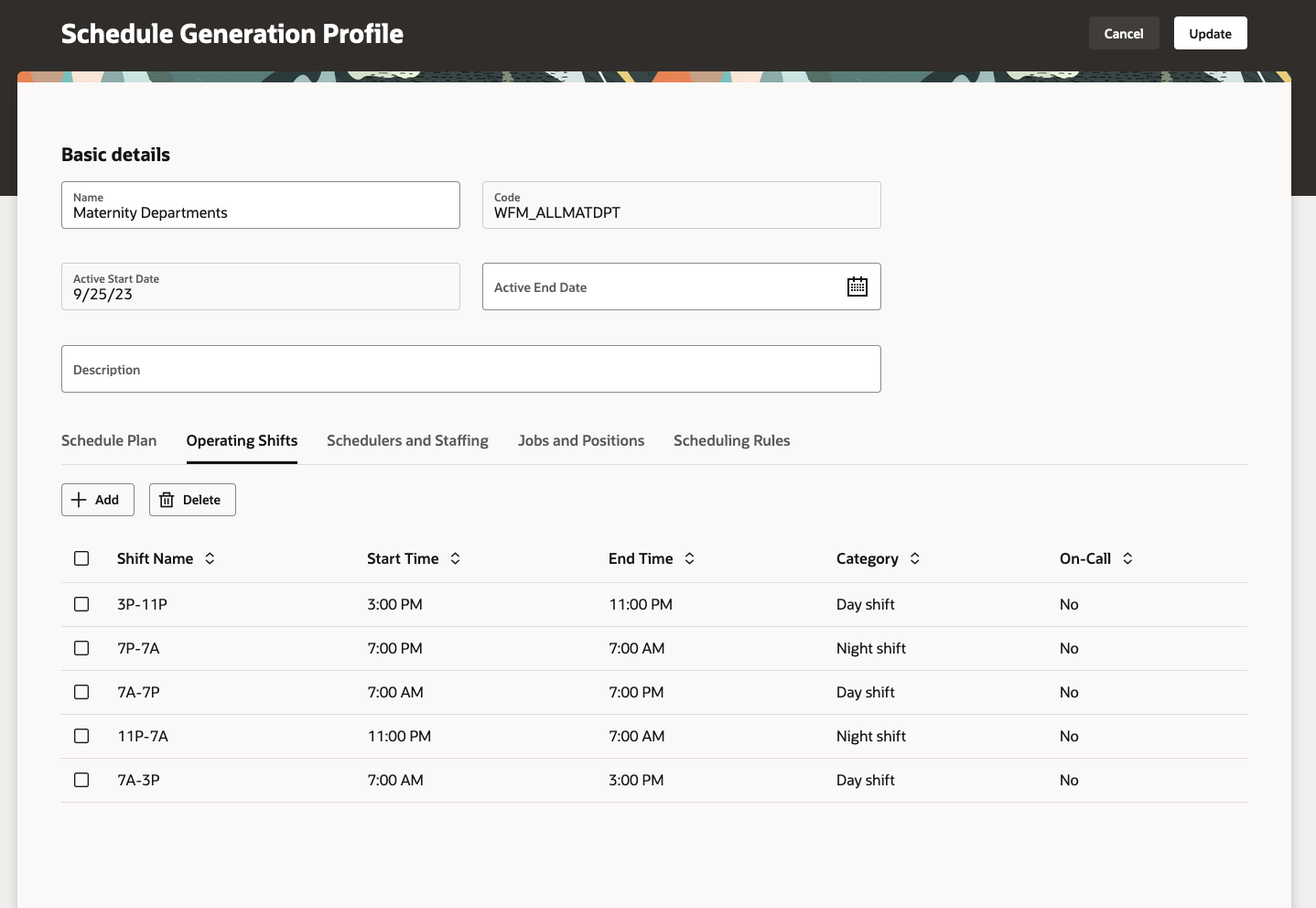 New Schedule Generation Profile Showing the Operating Shifts Tab