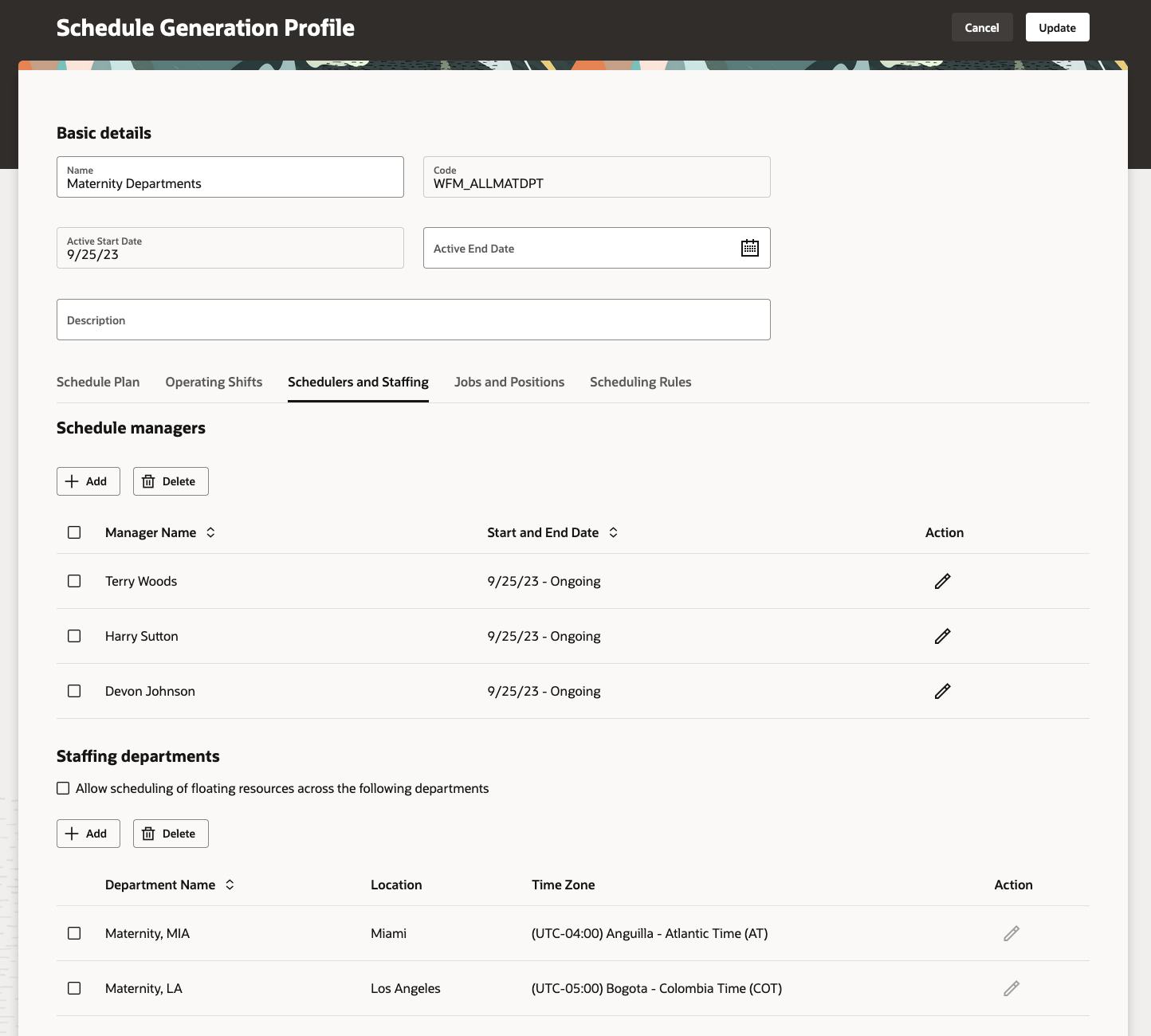 New Schedule Generation Profile Showing the Schedulers and Staffing Tab