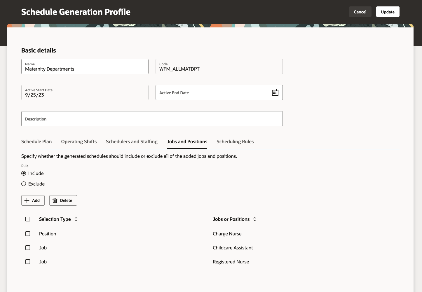 New Schedule Generation Profile Showing the Jobs and Positions Tab