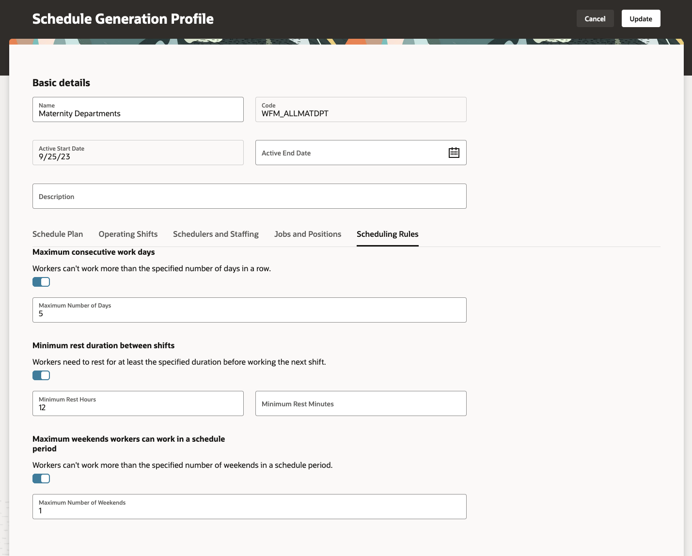 Schedule Generation Profile Showing the Scheduling Rules