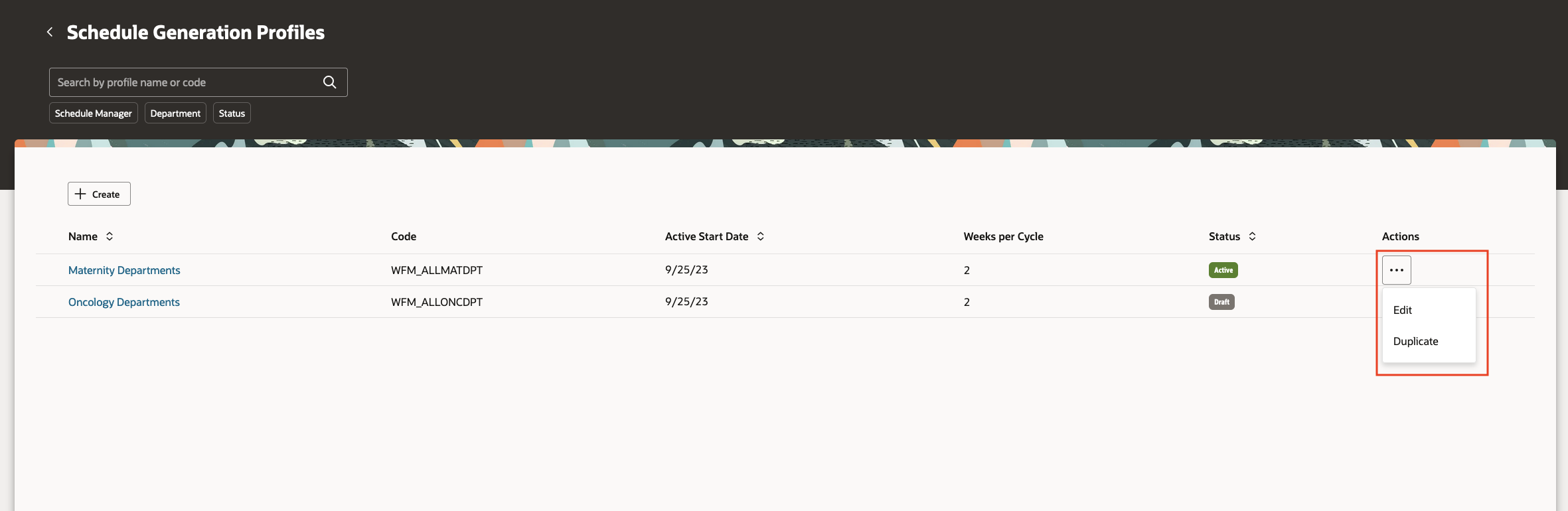 Schedule Generation Profiles Page Showing the Possible Row-Level Actions