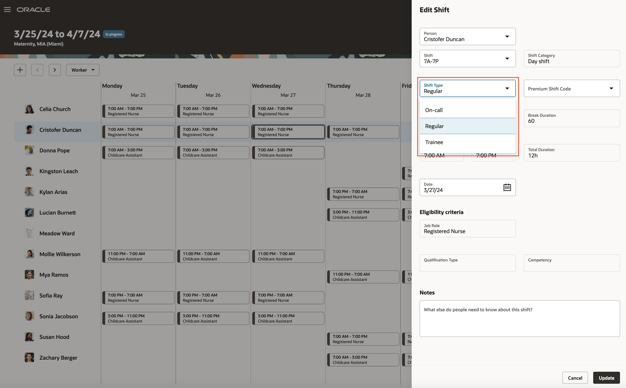 Edit Shift Panel Drawer Showing the Shift Types Drop-Down List