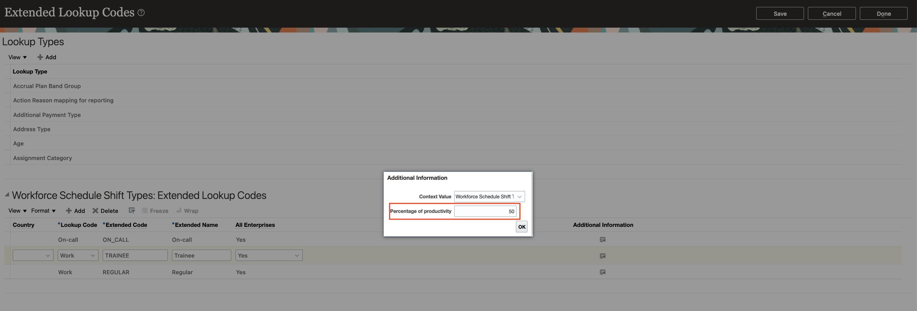 Additional Information Dialog Box Showing the Percentage of Productivity Value Changed from 100 to 50