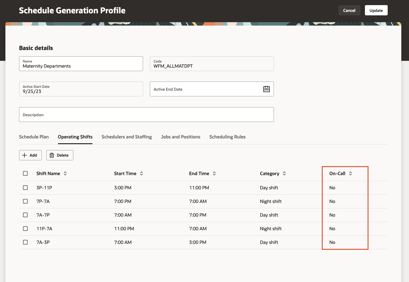 Schedule Generation Profile Page, Operating Shifts Tab Where You Define the Operating Shifts To Use To Schedule Work and On-Call Shifts