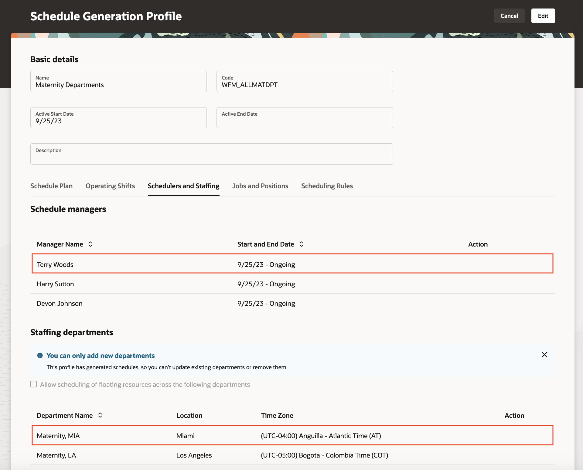 Schedule Generation Profile Showing the Schedule Manager and Staffing Departments