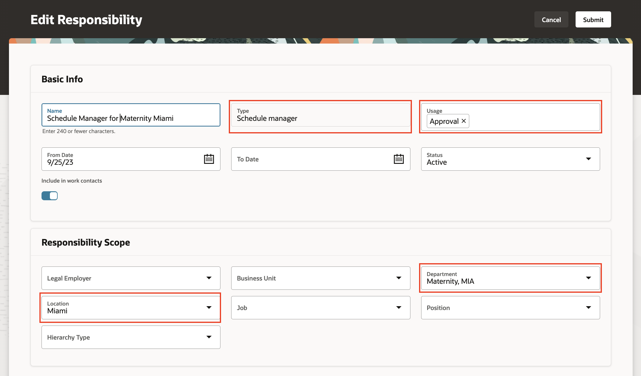 Area of Responsibility for the Schedule Manager Showing the Responsibility Type and Scope