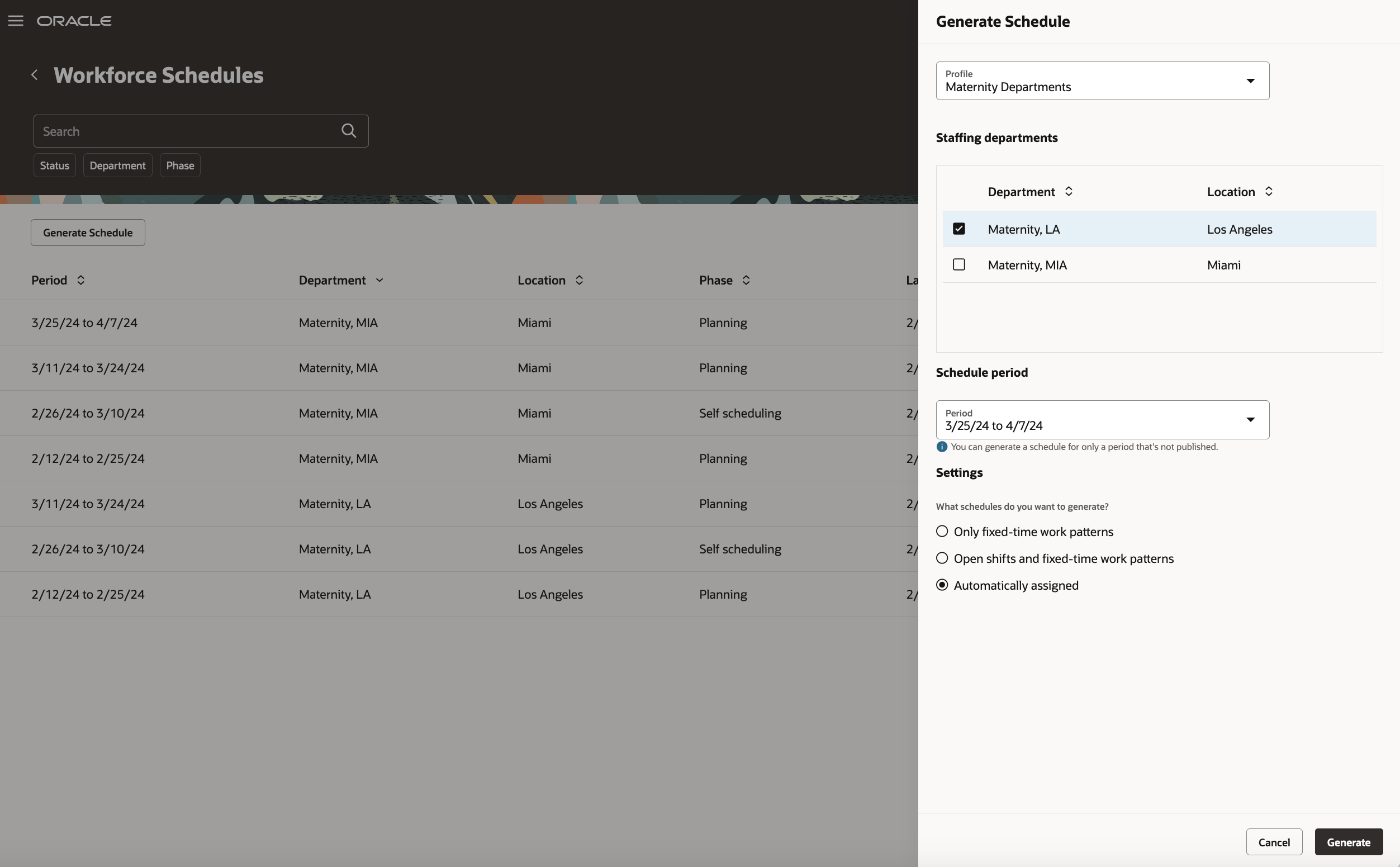 Generate Schedule Drawer Opened from the Workforce Schedules Page