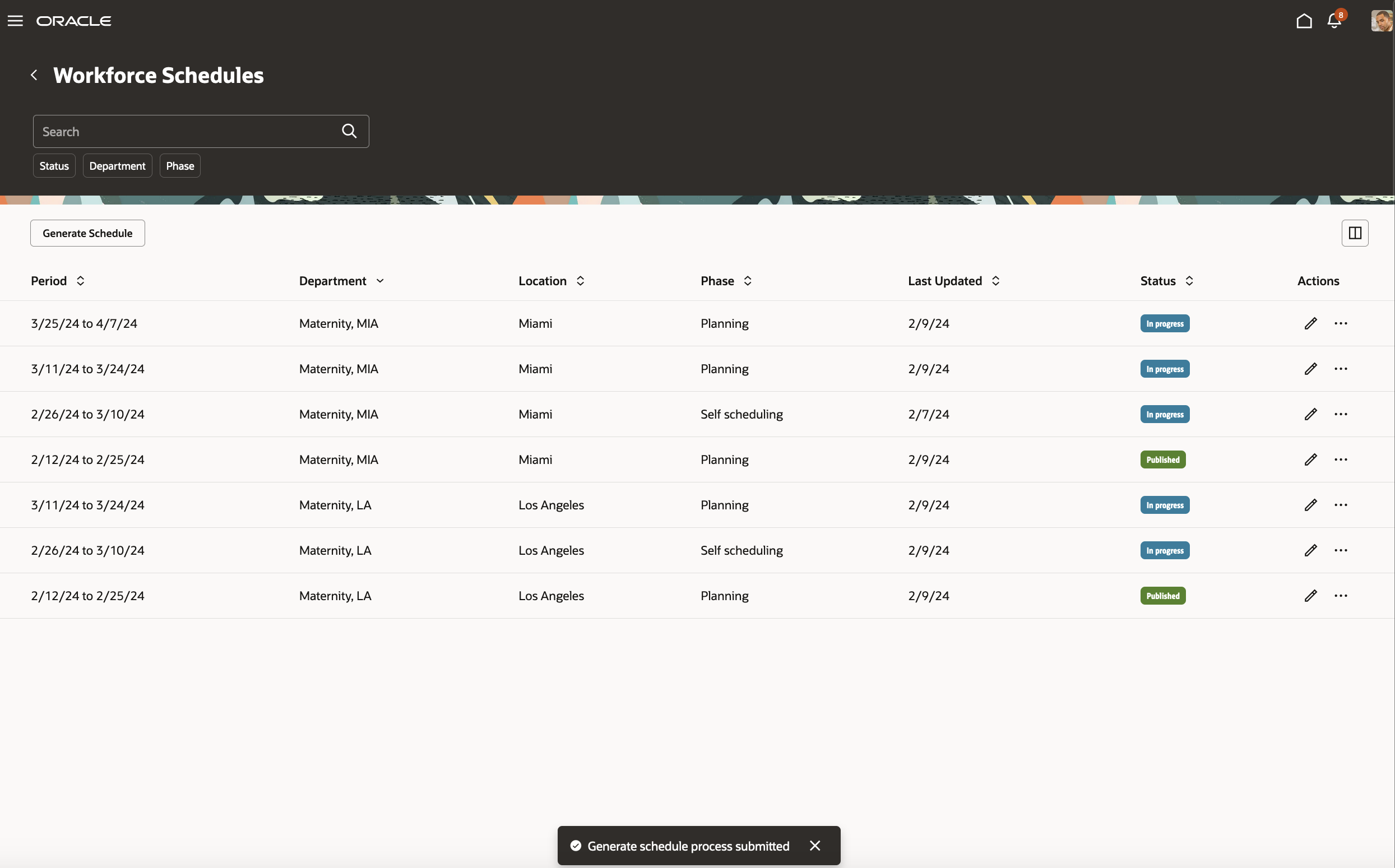 Generate Schedule Process Submitted Confirmation Message