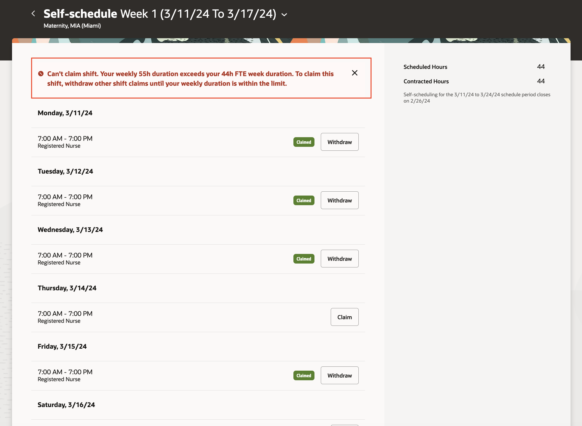 Desktop Self-Scheduling Page Showing an Error Banner for FTE Exceeded Preventing the Person from Claiming a Shift