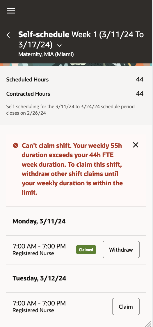 Mobile Self-Scheduling Page Showing an Error Banner for FTE Exceeded Preventing the Person from Claiming a Shift
