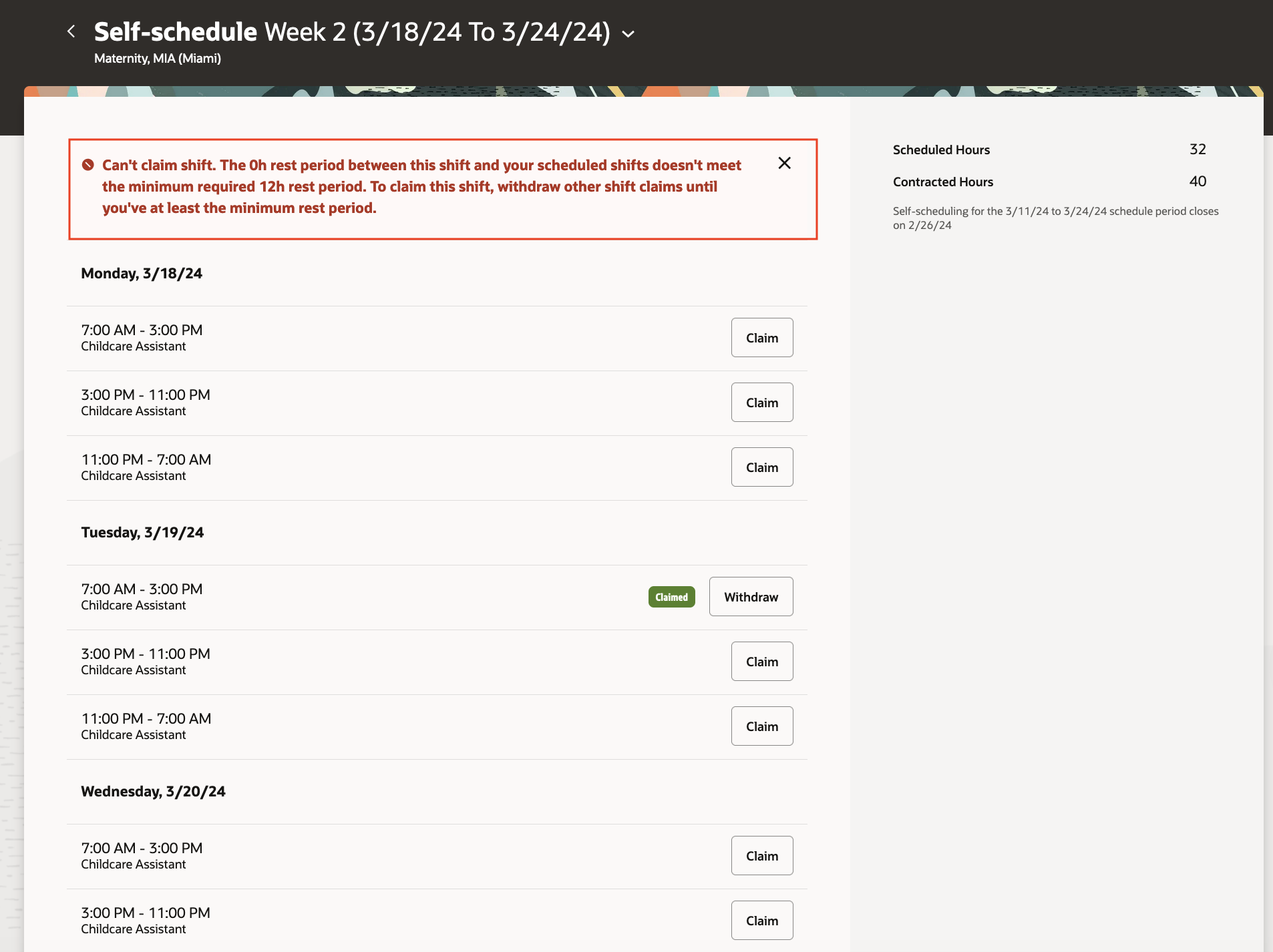 Desktop Self-Scheduling Page Showing an Error Banner for Rule Broken Preventing the Person from Claiming a Shift