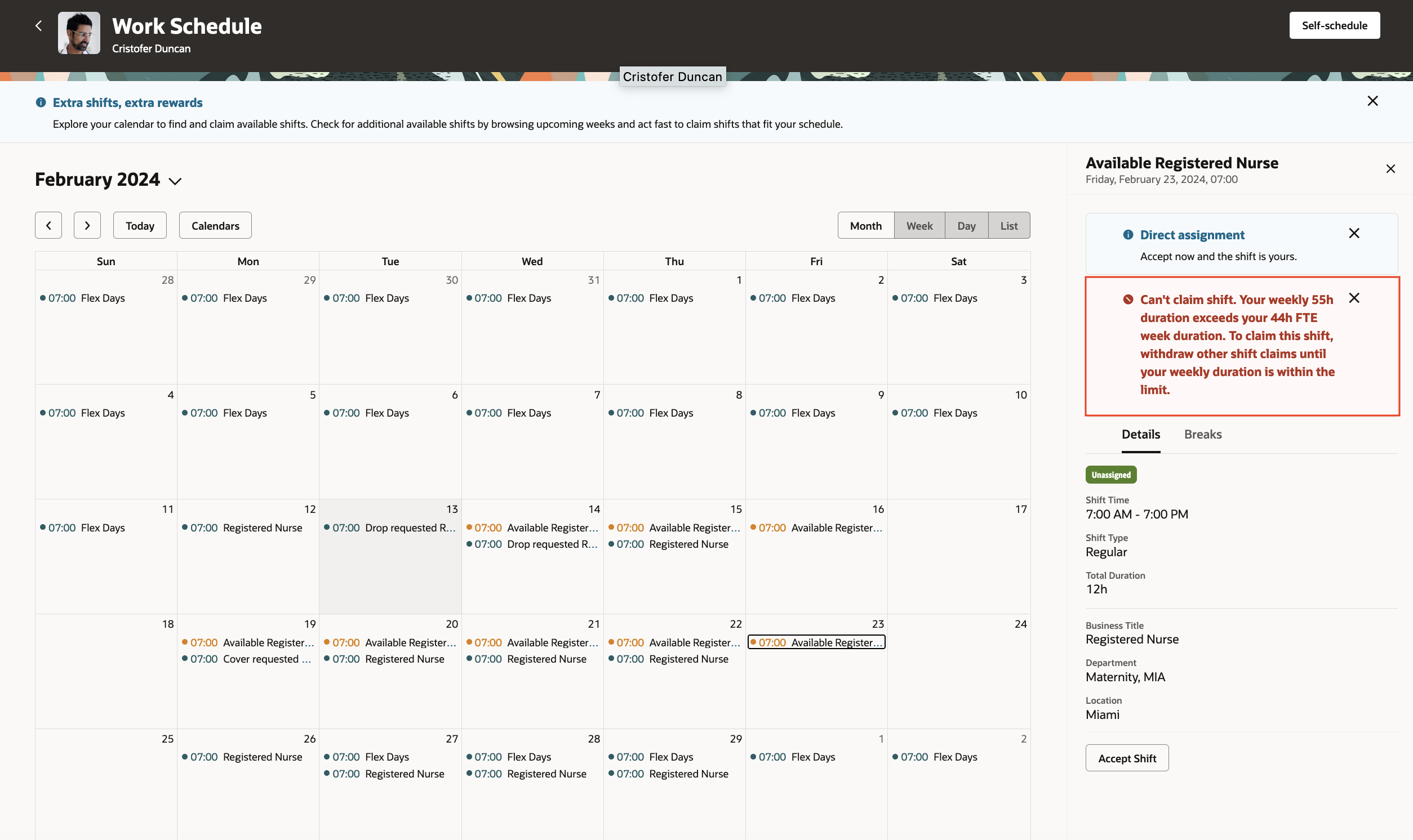 Desktop Self-Scheduling Page Showing an Error Banner for the Person from Accepting an Available Shift