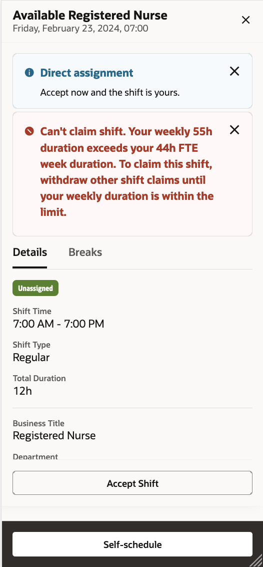 Mobile Self-Scheduling Page Showing an Error Banner for the Person from Accepting an Available Shift