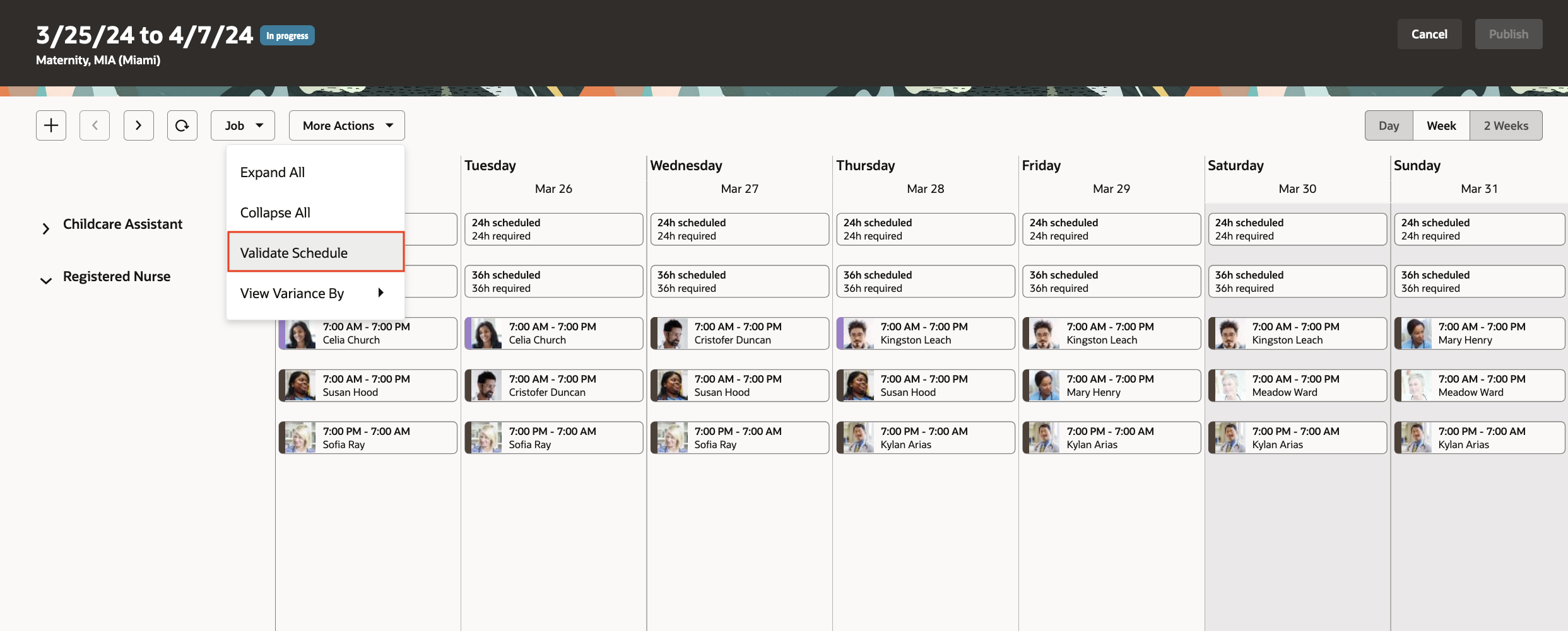 Validate Schedule Action Opened from the Workforce Schedules Page