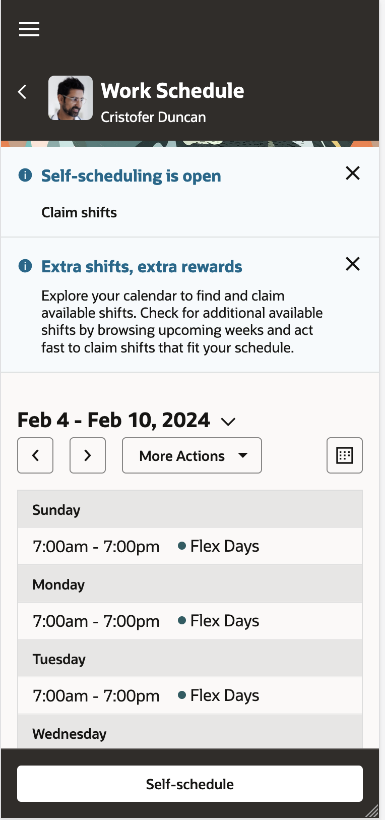 Mobile Worker Calendar with the Self-Scheduling Information Banner and Self-Schedule Button