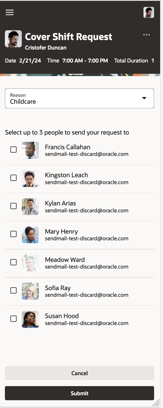 Mobile Drawer Showing the Available People to Send the Cover Shift Request to, and Submit button