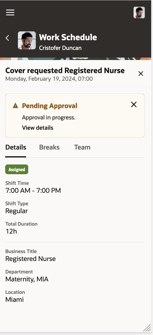 Mobile Drawer Showing Cover Requested along with the Shift Details and the View details Approval banner