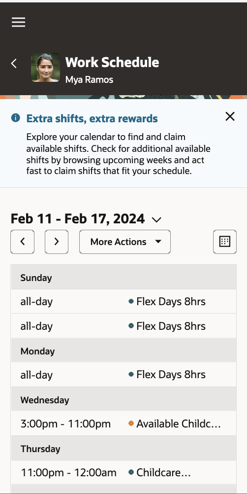 Mobile Work Schedule Showing Message About Extra Shifts Available