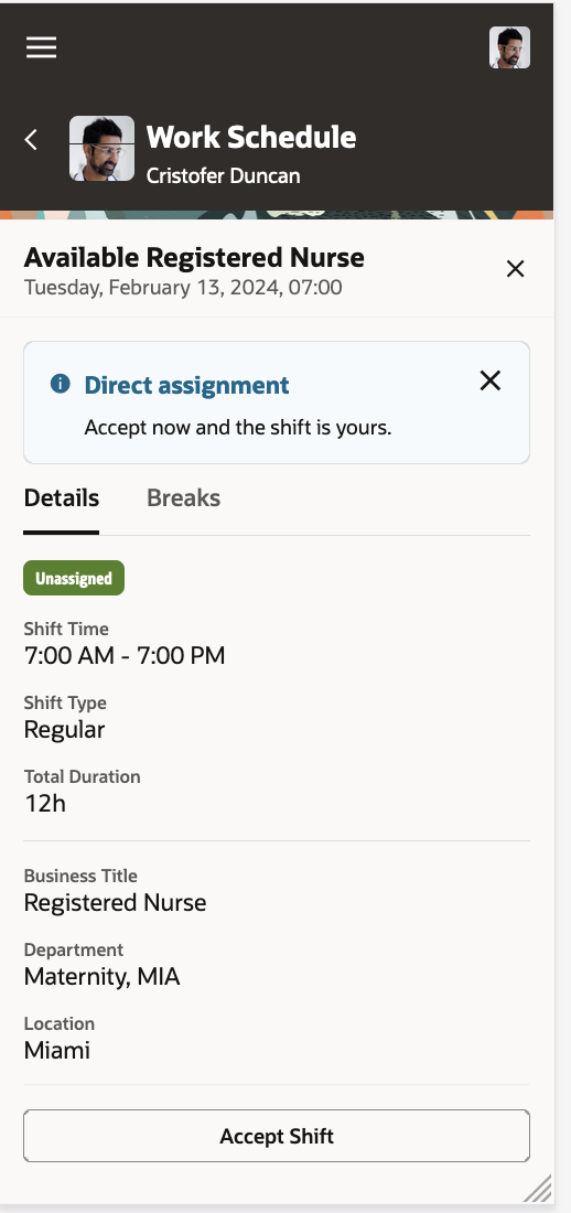 Mobile Work Schedule Showing Available Shift Details and Accept Shift Button