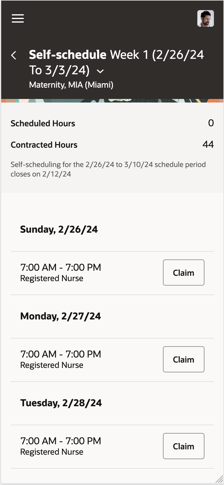 Mobile Self-Scheduling Page Showing the Available Shifts for Week 1 of the Schedule Period