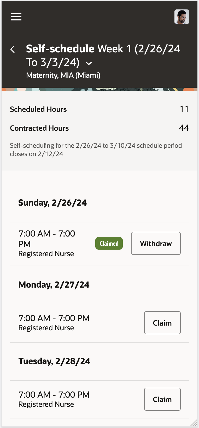Mobile Self-Scheduling Page Showing the Claimed Badge and Withdraw Button