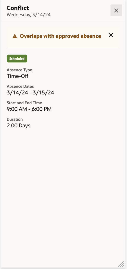 Mobile Conflict Panel Showing the Details of an Overlapping Approved Absence