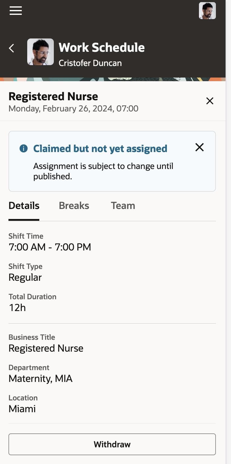 Mobile Drawer Showing an Information Banner about the Shift Being Claimed, But Not Yet Assigned