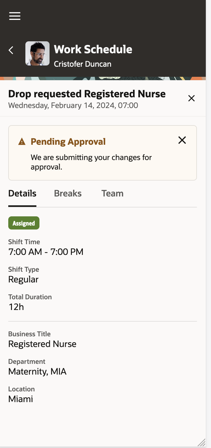 Mobile Drawer Showing Drop Shift Requested along with the Shift Details and the Approval banner