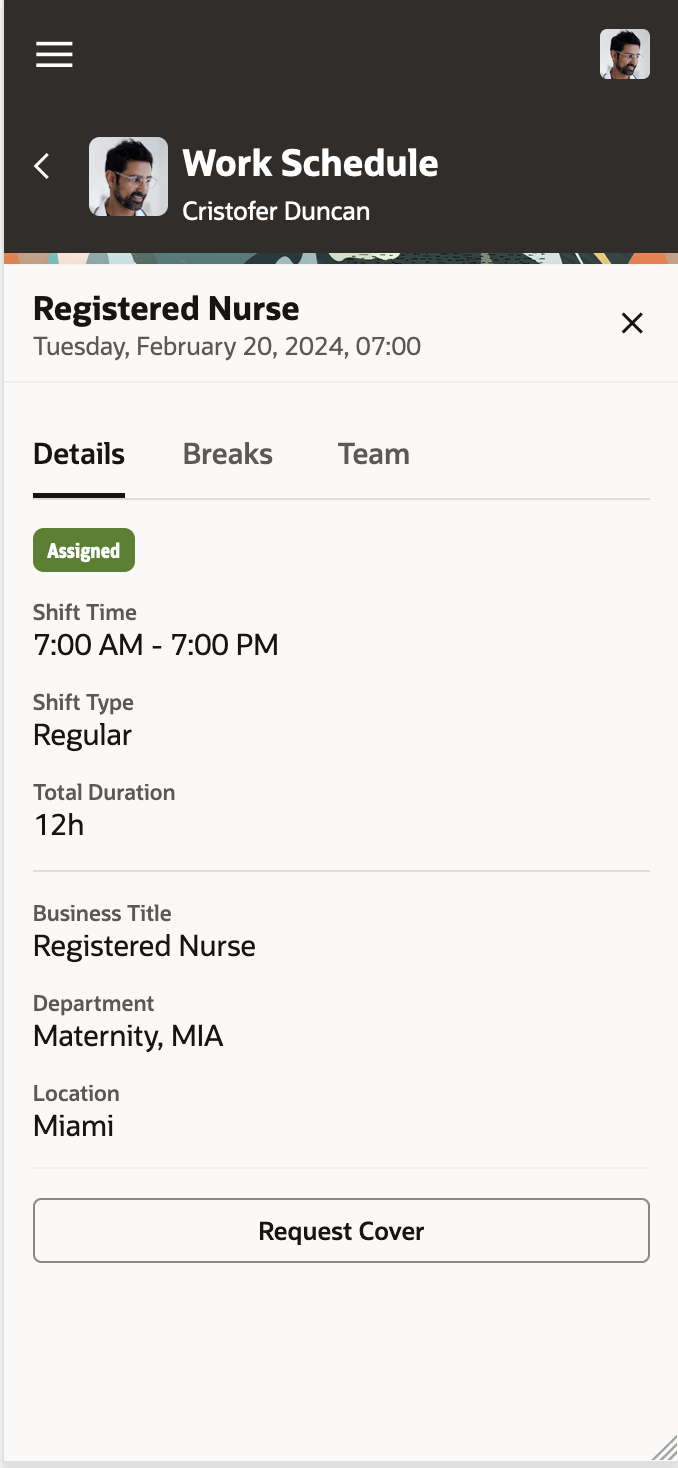 Mobile Drawer Showing the Shift Details and Request Cover button