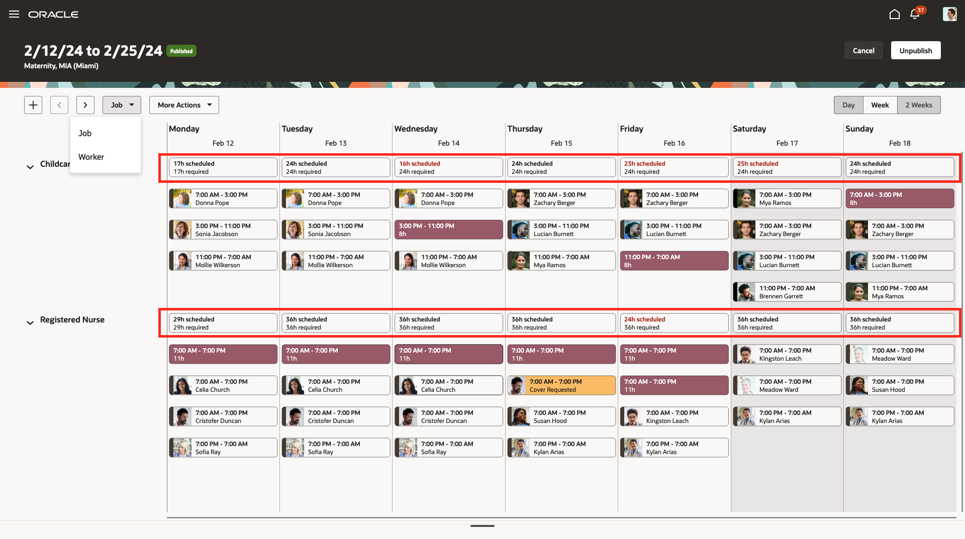 Workforce Schedule with Shifts Grouped by Job and Each Job's Summary Details Row Highlighted