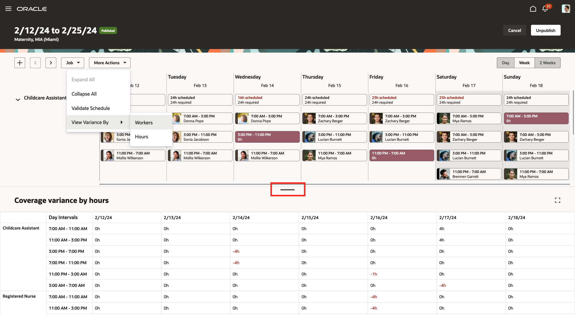 1-Week View of a Workforce Schedule with the Coverage Variances by Hours Drawer Open