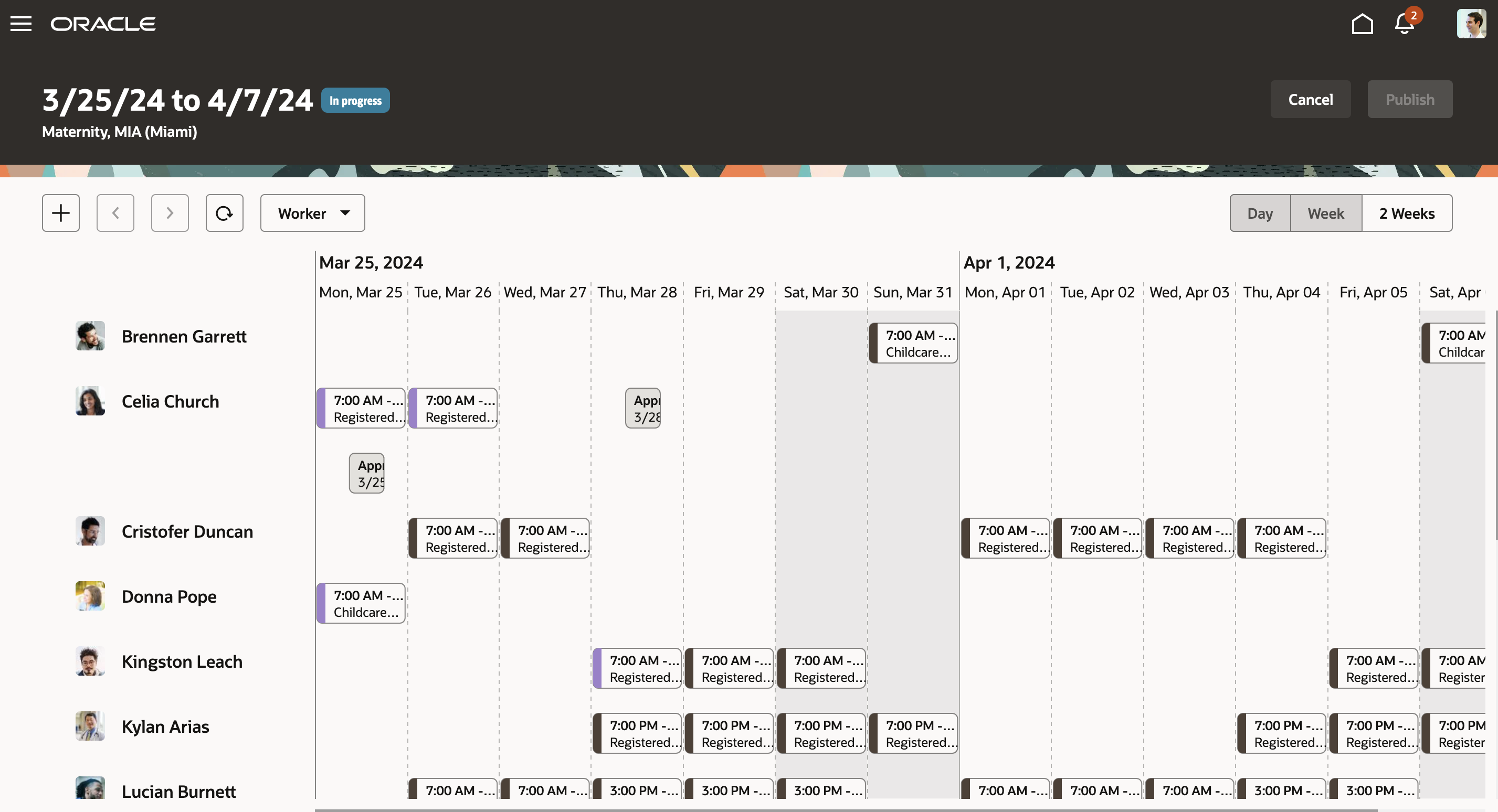Workforce Schedule Page with Shifts Organized by Worker, for 2 Weeks