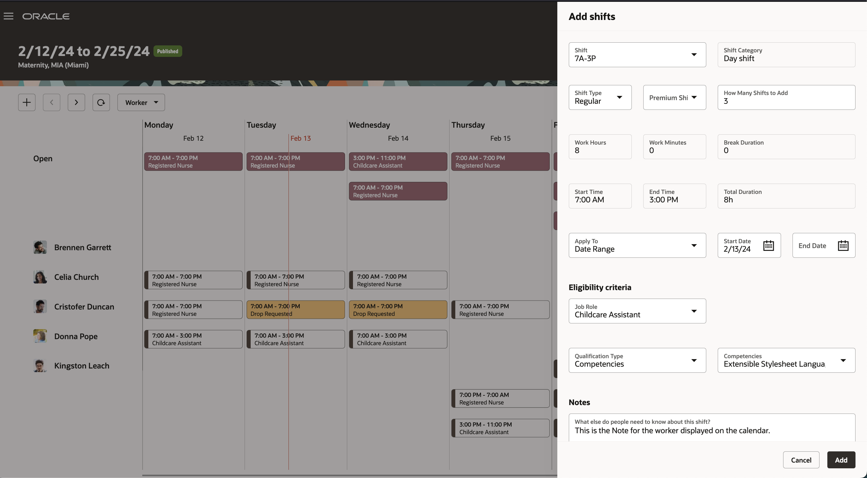 Workforce Schedule Page Showing the Add Shifts Drawer