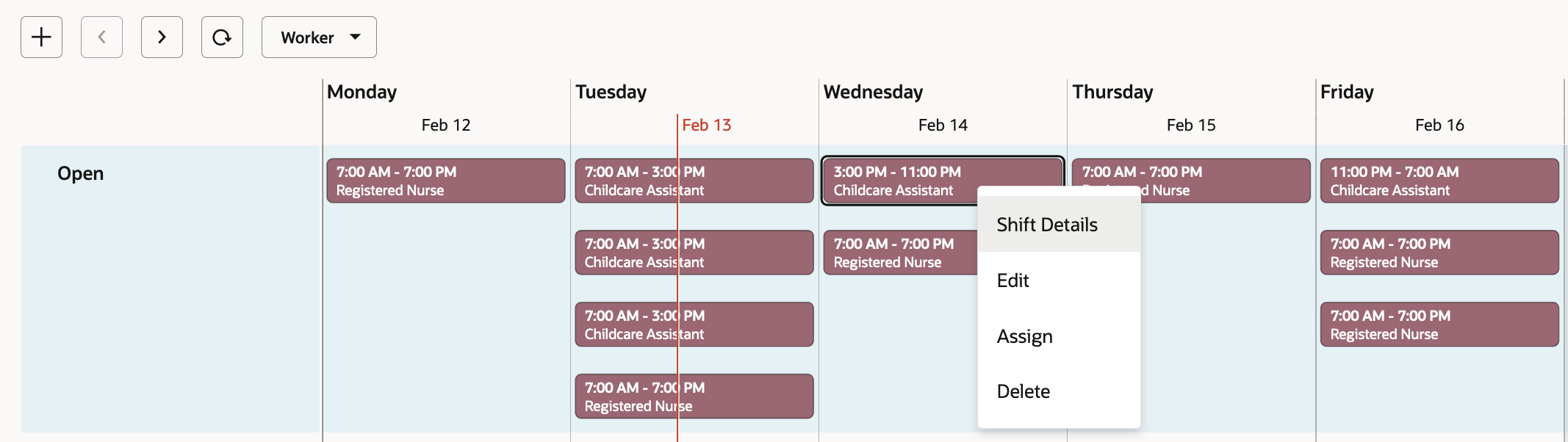 Right-Click Actions for an Open Shift