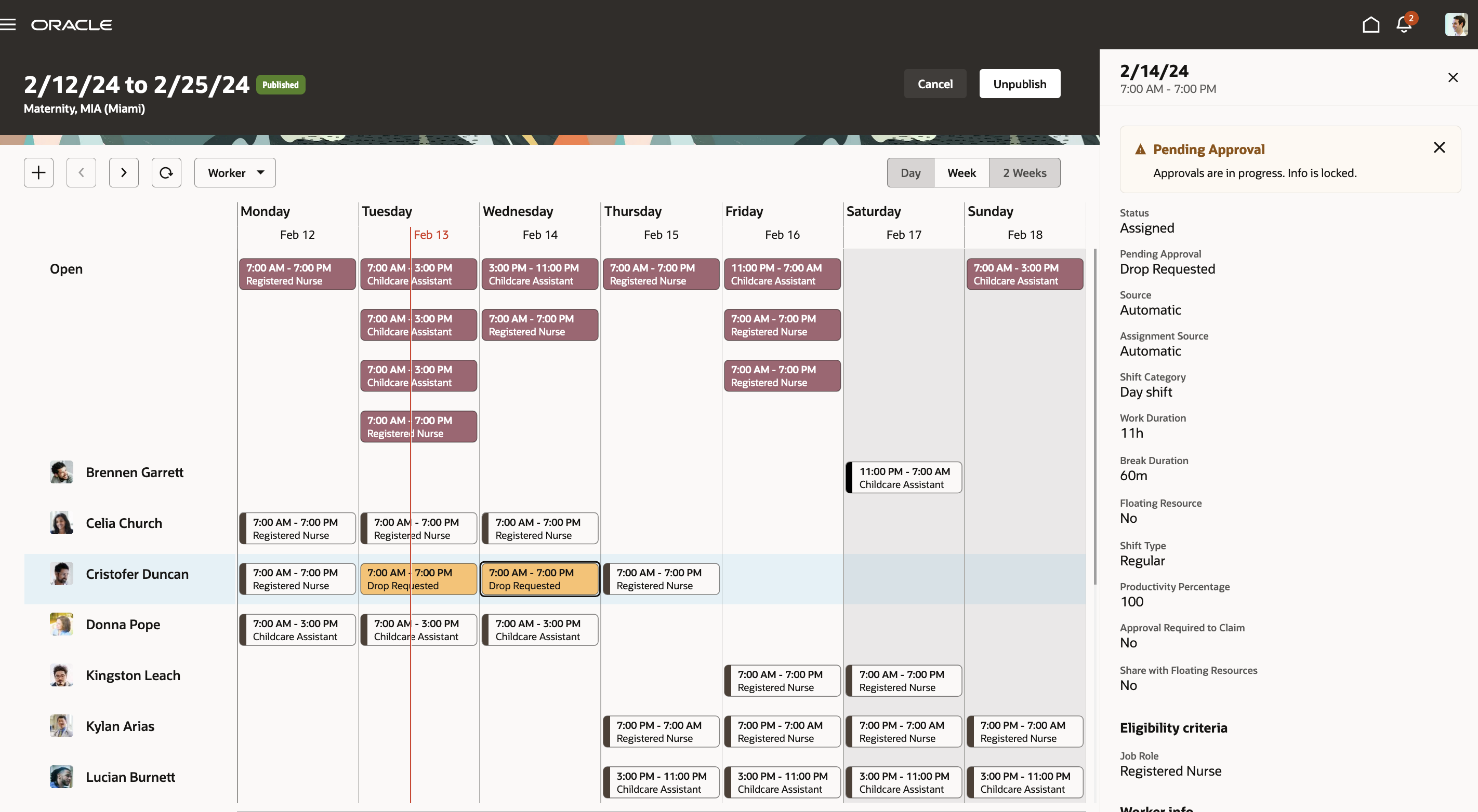 Workforce Schedule Page Showing the Shift Details Drawer