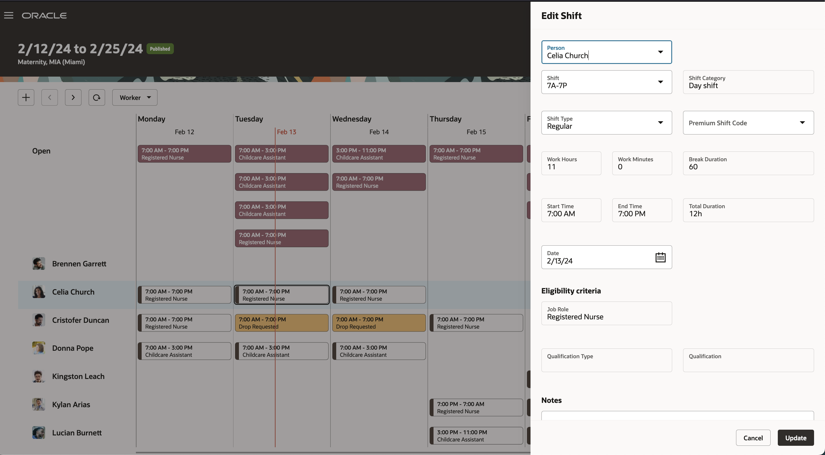 Workforce Schedule Page Showing the Edit Shift Drawer 