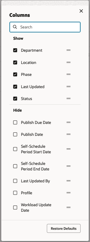 Columns to Show and Hide on the Workforce Schedules Page