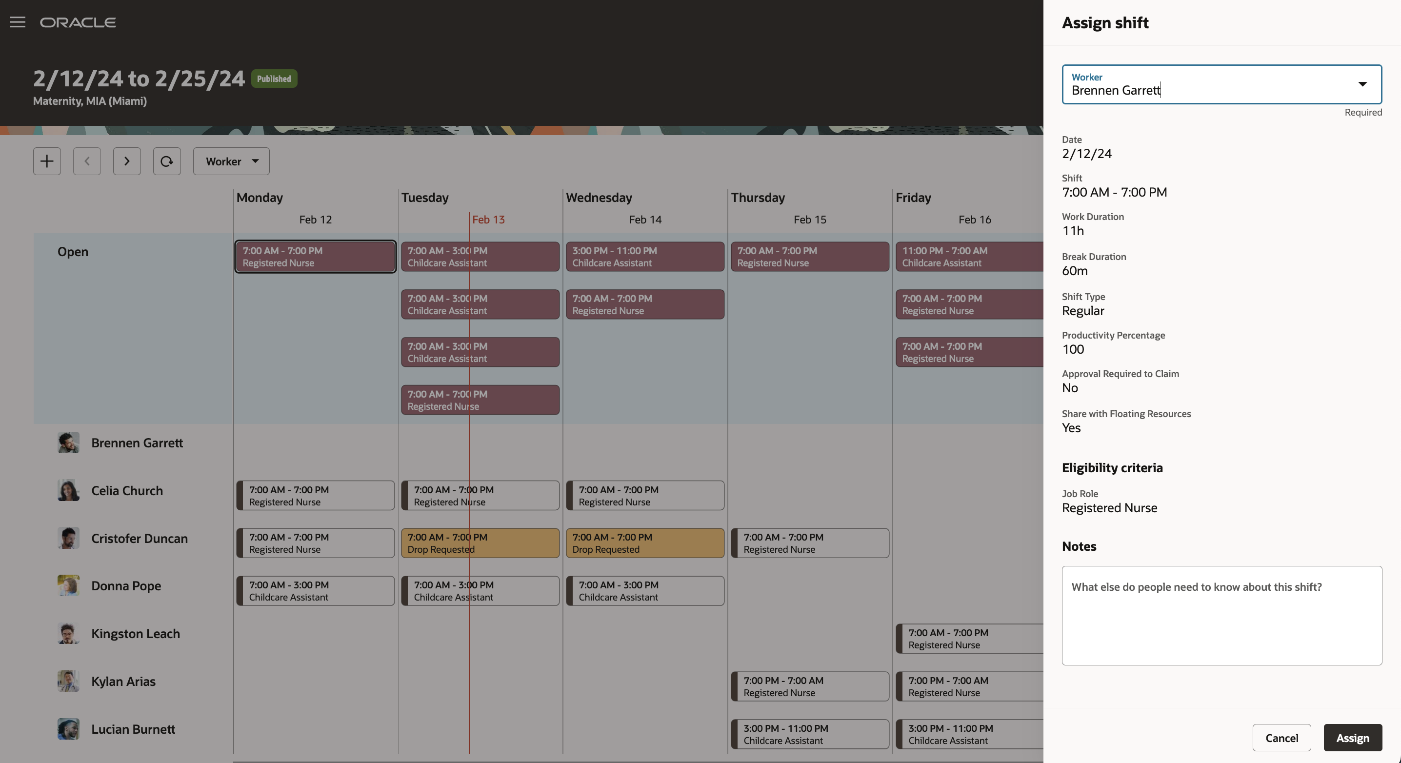 Workforce Schedule Page Showing the Assign Shifts Drawer When Assignees Can't Be Floaters