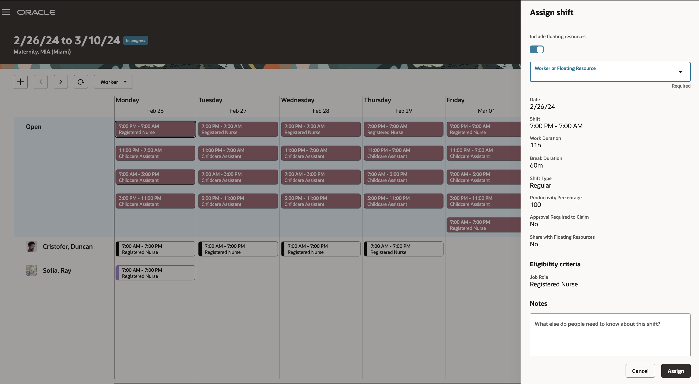 Workforce Schedule Page Showing the Assign Shifts Drawer When Assignees Can Be Floaters