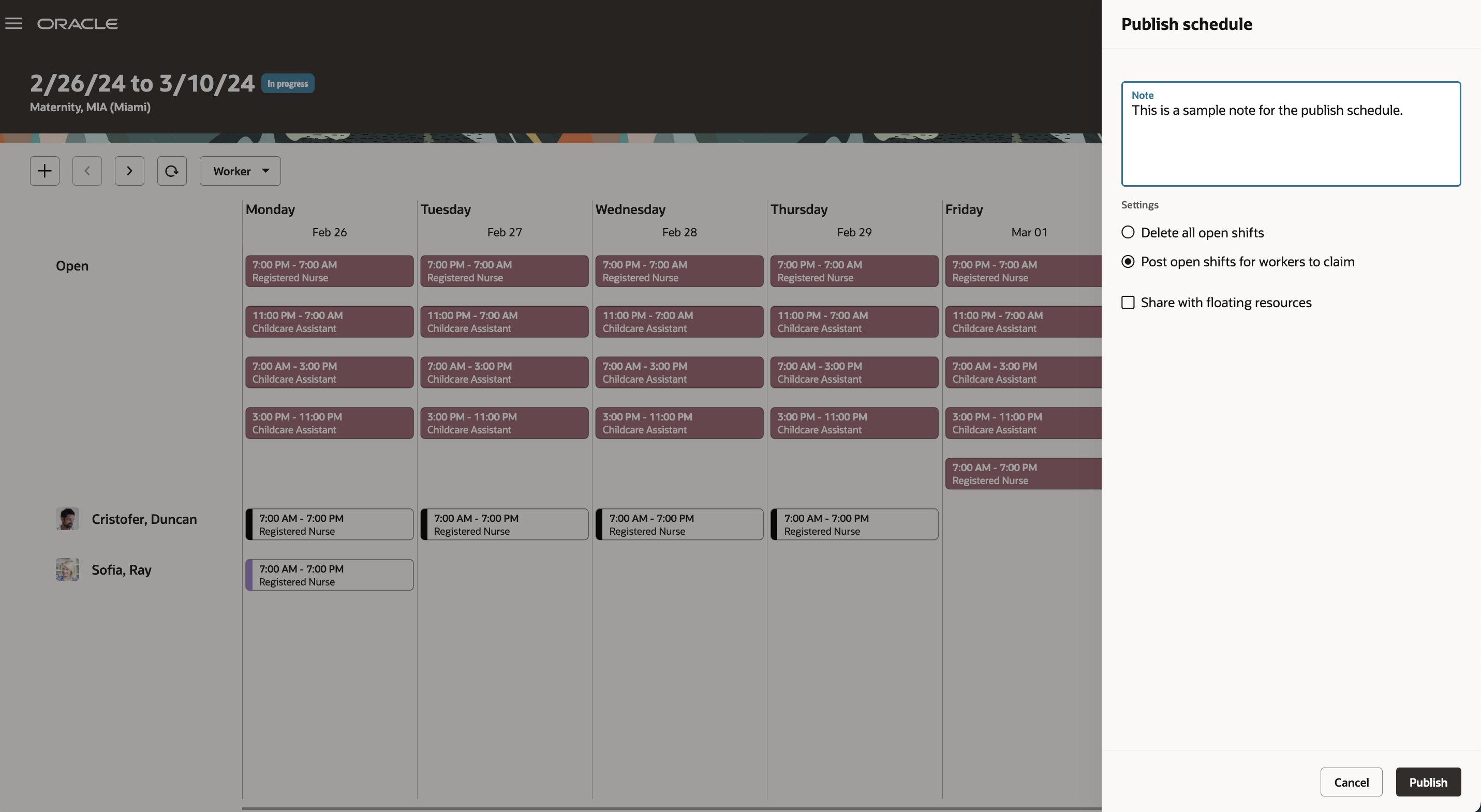 Workforce Schedule Page Showing the Publish Schedule Drawer with Floating Allowed