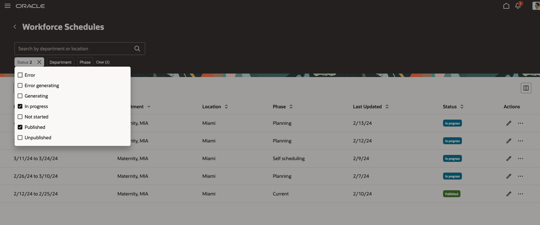 Workforce Schedules Page Showing the Status Filters