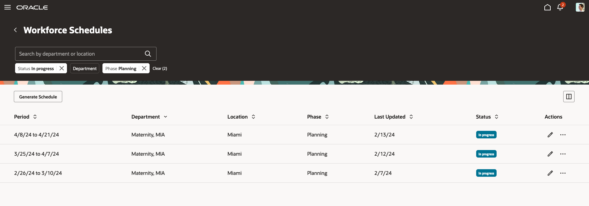 Workforce Schedules Page Filtered to Show Only Schedules with an In Progress Status and Planning Phase