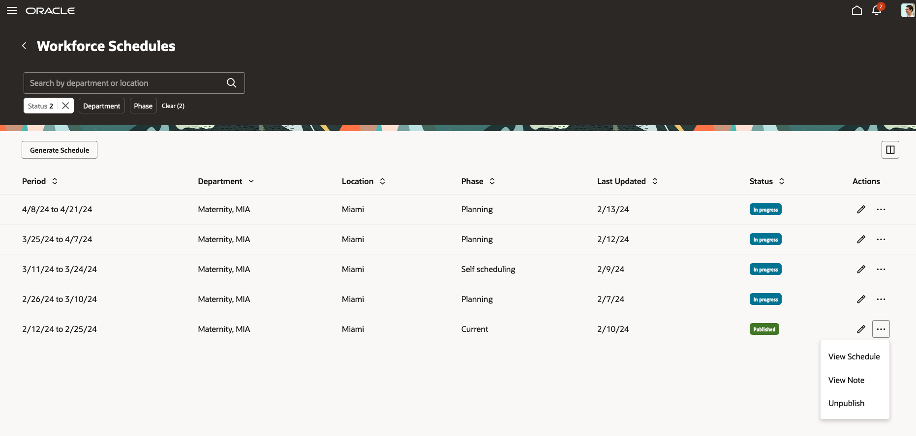 Row-Level Actions Available on the Workforce Schedules Page