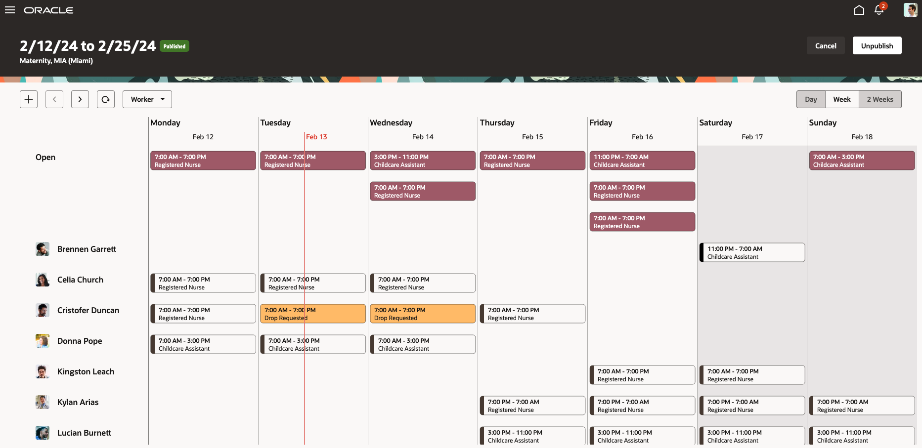 Workforce Schedule Page with Shifts Organized by Worker, for the Week