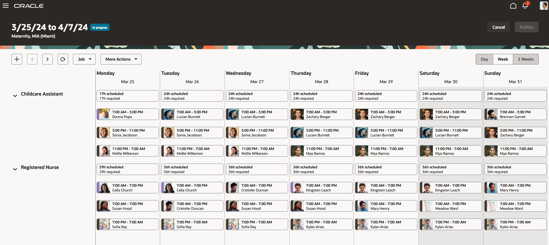 Workforce Schedule Page with Shifts Organized by Job, for the Week